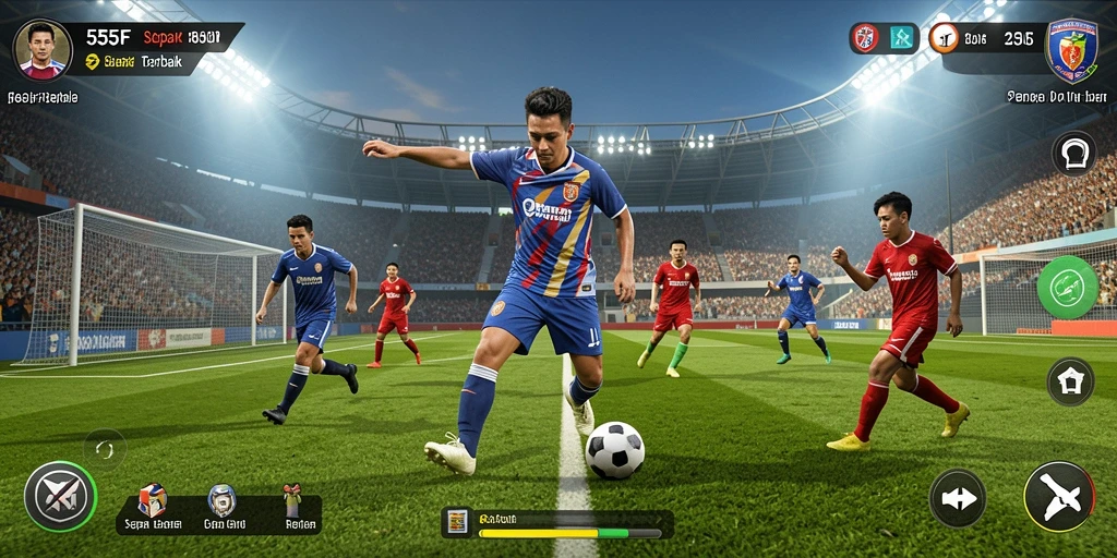 Tampilan gameplay mendebarkan dalam 555F saat pertandingan sepak bola berlangsung.