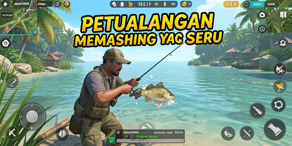 Screenshot gameplay JAKARTAWIN menampilkan aksi seru saat memancing di lautan.