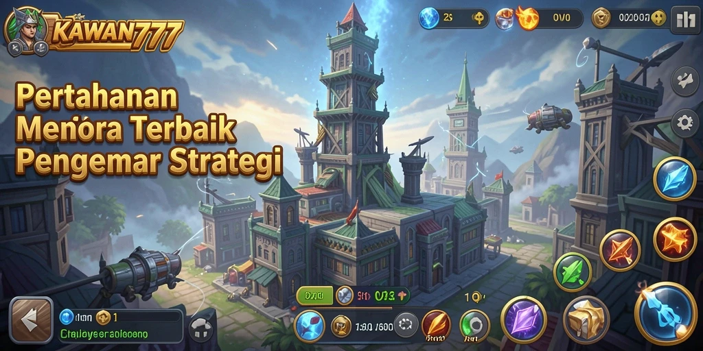 Screenshot KAWAN777 menampilkan aksi seru pertahanan menara melawan gelombang musuh.